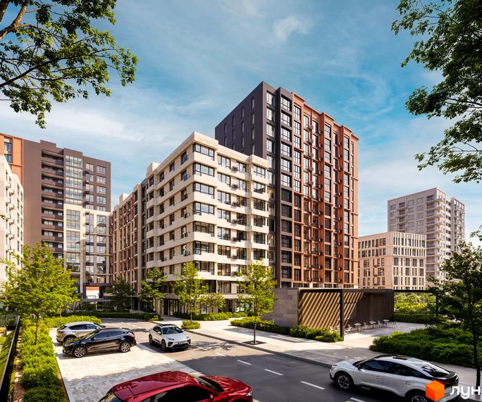 Новобудова ЖК New Tone з цегляним фасадом та світлими елементами, упорядкована прибудинкова територія з деревами та автомобілями.