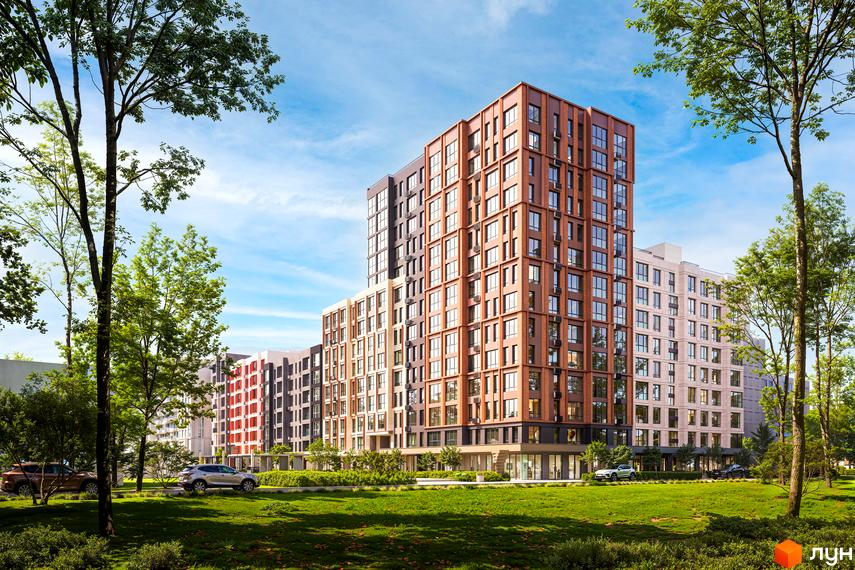 Житловий комплекс New Tone: багатоповерхові будинки з цегляним фасадом та скляними елементами, зелена прибудинкова територія з деревами та автомобілями.