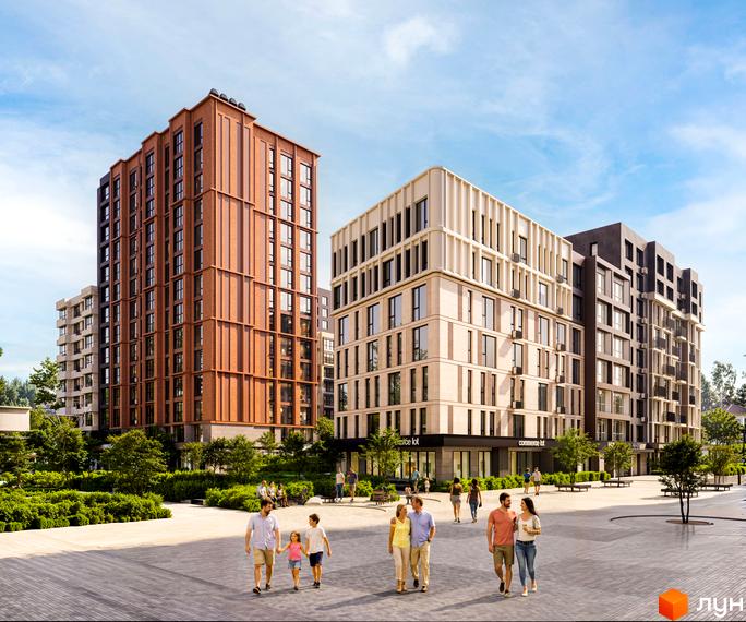 Новобудова New Tone з цегляним фасадом та світлими панелями, оточена зеленим парком та пішохідною зоною.