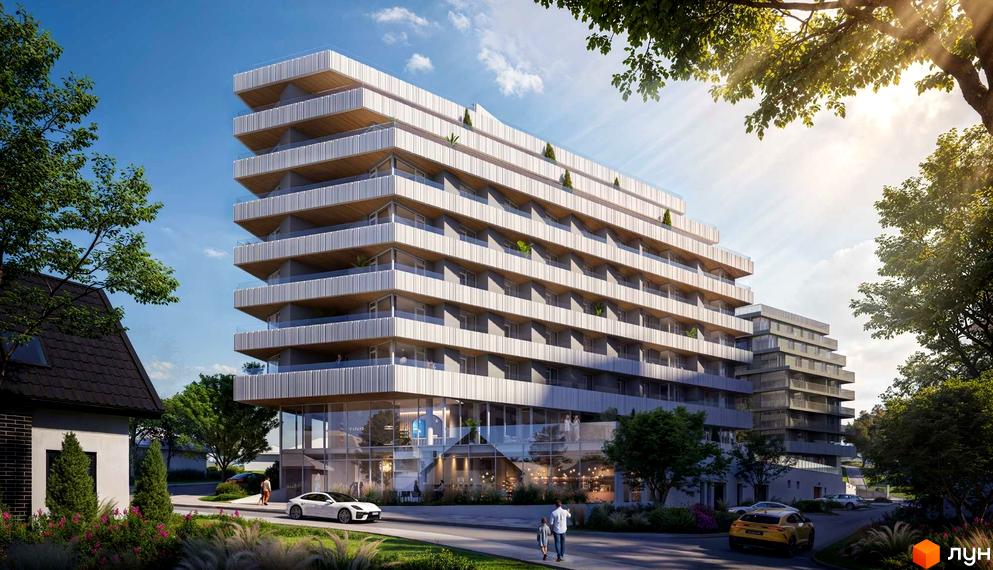 Житловий комплекс з каскадними терасами та скляними балконами на вулиці Миколи Лисенка, 4. Прибудинкова територія озеленена, є доріжки та автомобілі.