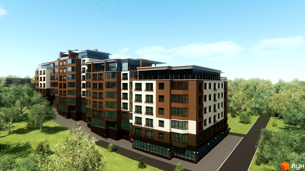 Зображення Житлового комплексу Правильний вибір. Багатоповерхова будівля з коричневою цеглою та великими вікнами, розташована серед зелених дерев.