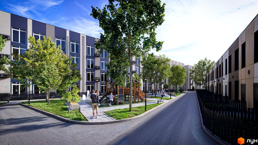 Житловий комплекс Емірати: фасади будинків у синьо-сірих тонах, прибудинкова територія з дитячим майданчиком, фонтаном та зеленими насадженнями.