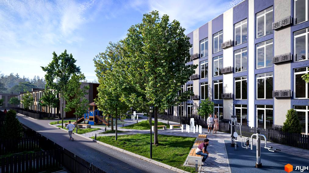 Житловий комплекс Емірати: багатоповерховий будинок у світло-сірих та фіолетових тонах з великими вікнами. Прибудинкова територія з зеленими насадженнями, дитячим майданчиком, спортивними тренажерами та фонтанами.