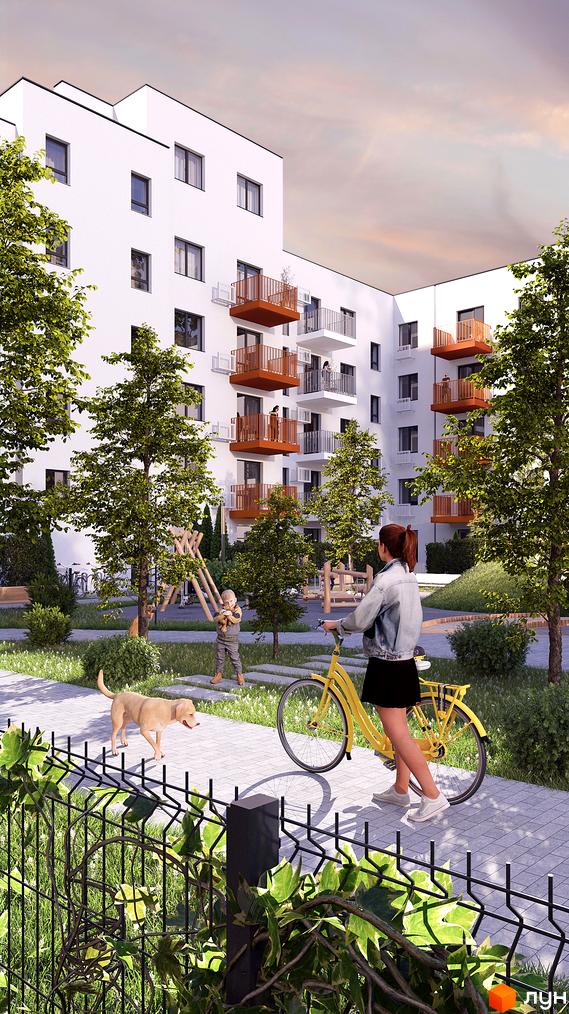 Житловий комплекс Субурбія Соло: біла багатоповерхівка з помаранчевими балконами та зеленою прибудинковою територією з дитячим майданчиком. На території видно людей, велосипед та собаку.