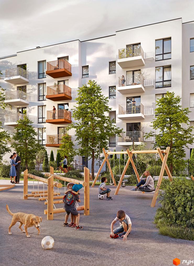 Житловий комплекс Субурбія Соло: білий багатоповерховий будинок з балконами. На прибудинковій території дитячий майданчик, дерева та люди.