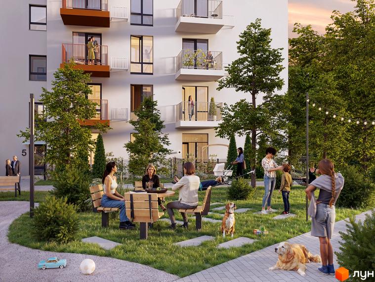 Фасад Житлового комплексу Субурбія Соло: білий багатоповерховий будинок з балконами. Прибудинкова територія має зелений двір з деревами, лавками та доріжками.