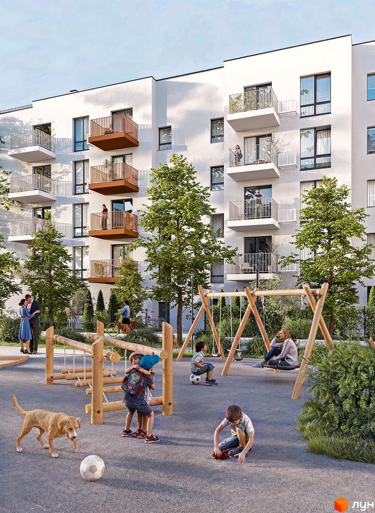 Житловий комплекс Субурбія Соло: біла багатоповерхівка з балконами, дитячий майданчик з гойдалками, діти, собака та футбольний м'яч.