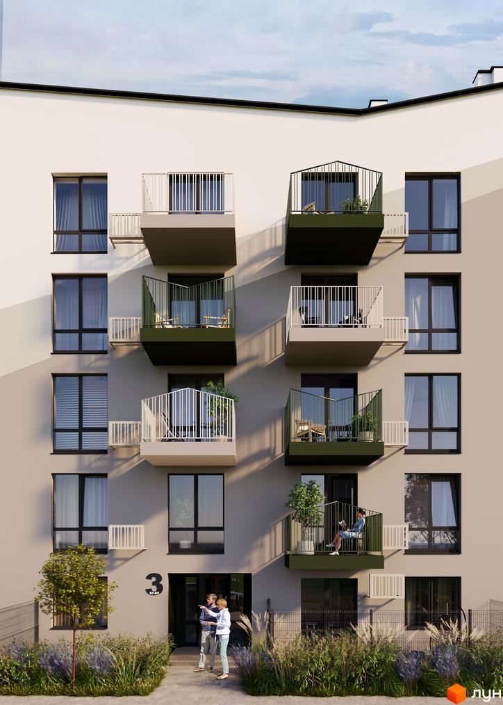 Житловий комплекс Субурбія Соло: багатоповерховий будинок світлого кольору з балконами. Прибудинкова територія озеленена різноманітними рослинами.