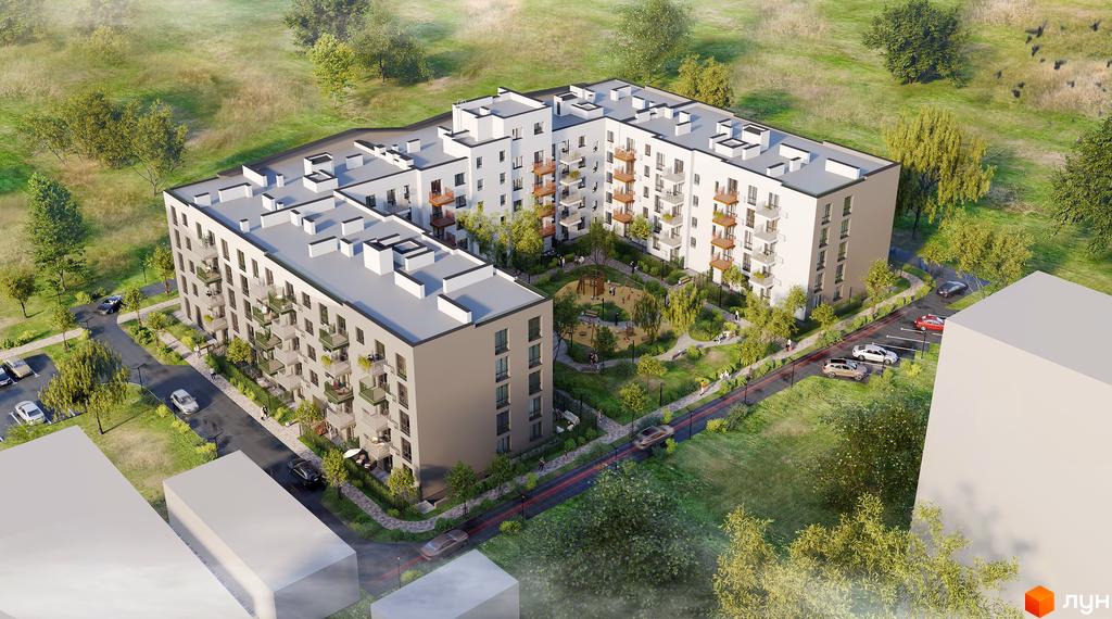 Житловий комплекс Субурбія Соло з світлими фасадами та балконами. На території розташований внутрішній двір з дитячим майданчиком та зеленими насадженнями.