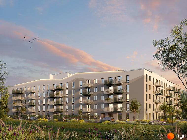 Житловий комплекс Субурбія Соло: багатоповерховий будинок зі світлим фасадом та балконами, оточений зеленою прибудинковою територією з квітами.