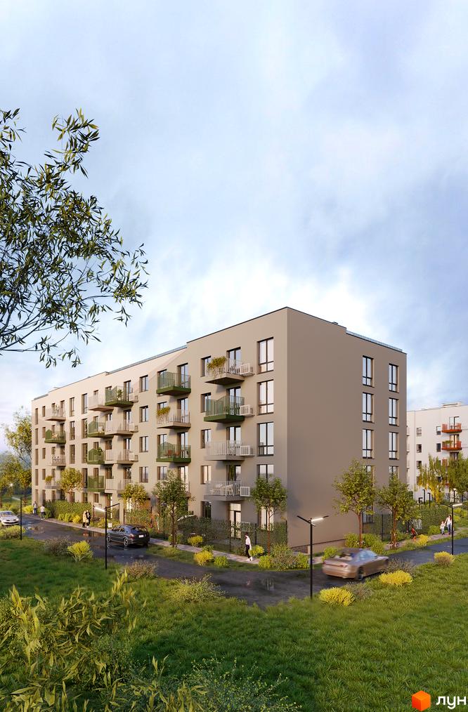 Житловий комплекс Субурбія Соло: світлий багатоповерховий будинок з численними вікнами та балконами, розташований серед зелених газонів та доріжок.