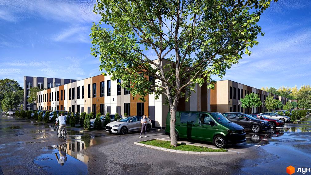 Екстер'єр таунхаусів Емірати з парковкою та деревами. Сучасна архітектура новобудови з елементами дерева та бетону.