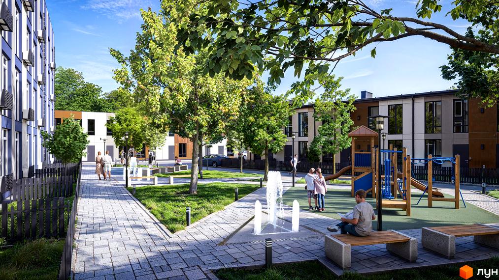 Будинки Котеджного містечка Емірати мають фасади у світлих та темних тонах. Прибудинкова територія облаштована дитячим майданчиком, фонтаном, лавками та деревами.