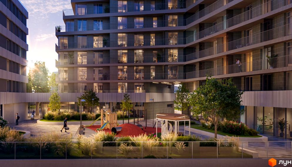 Зовнішній вигляд житлового комплексу на вул. Миколи Лисенка, 4 з балконами та вікнами, дитячим майданчиком та зеленими насадженнями.