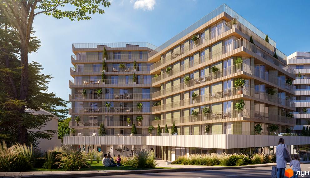 Будівельний проєкт на вул. Миколи Лисенка, 4, з балконами та зеленими насадженнями. На передньому плані – зона відпочинку з людьми та травою.