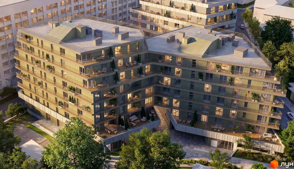 Зовнішній вигляд житлового комплексу на вул. Миколи Лисенка, 4, з балконами та зеленими насадженнями. Навколо будинку розташована прибудинкова територія з деревами та доріжками.