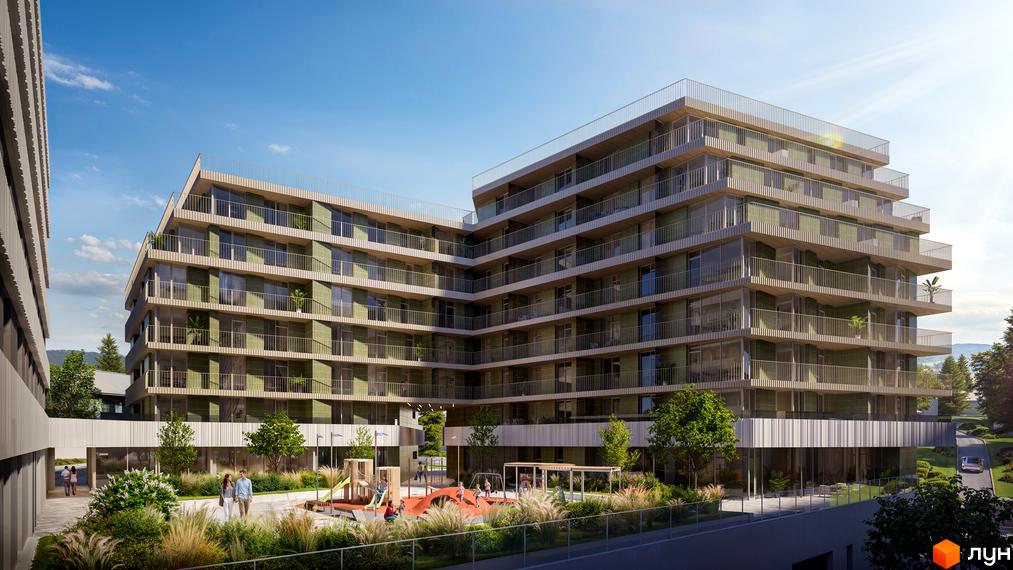 Зовнішній вигляд житлового комплексу на вул. Миколи Лисенка, 4, з балконами та дитячим майданчиком. Опис новобудови з прибудинковою територією.