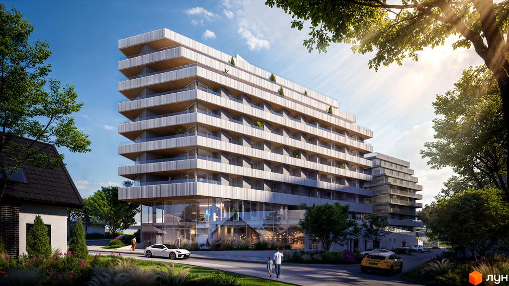 Зовнішній вигляд житлового комплексу на вул. Миколи Лисенка, 4, з багаторівневими балконами та скляними фасадами. Навколо розташовані зелені насадження та дорога з автомобілями.