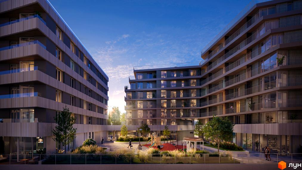 Сучасний житловий комплекс на вул. Миколи Лисенка, 4 з дитячим майданчиком та озелененою територією. Будинки мають багато балконів та скляних елементів.