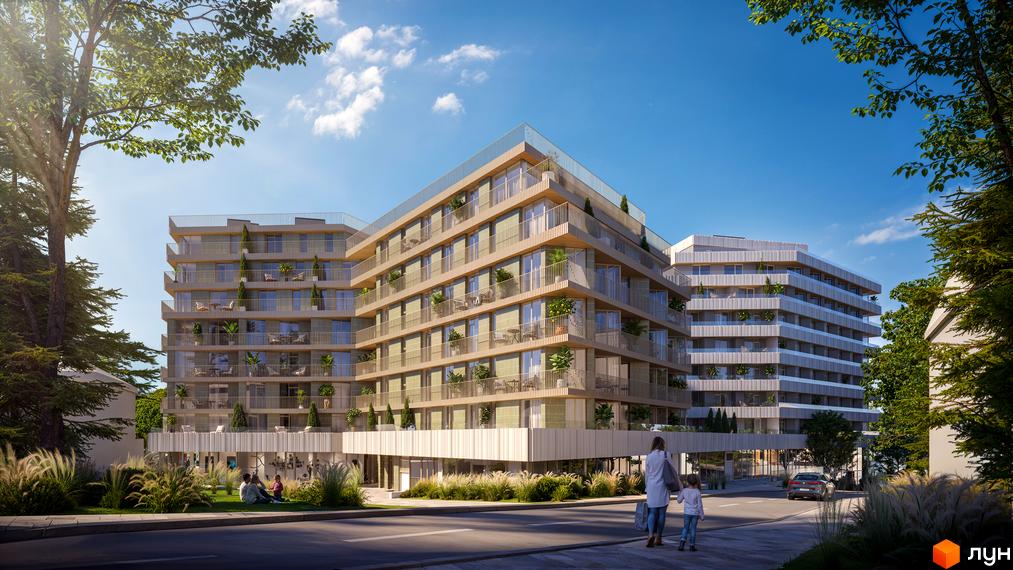 Зовнішній вигляд житлового комплексу на вул. Миколи Лисенка, 4, з балконами та зеленню. Прибудинкова територія з травою та деревами.