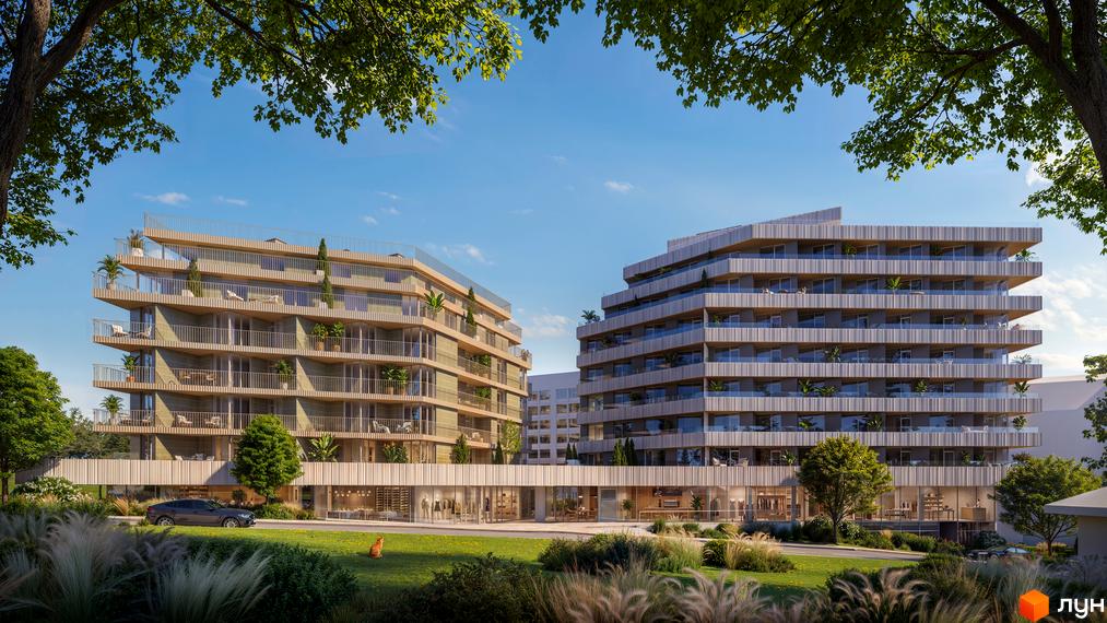 Житловий комплекс на вул. Миколи Лисенка, 4: два багатоповерхові будинки з терасовими балконами та озелененою прибудинковою територією.