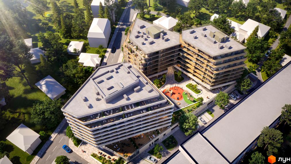 Житловий комплекс на вул. Миколи Лисенка, 4: багаторівневі будинки з балконами та дитячим майданчиком.