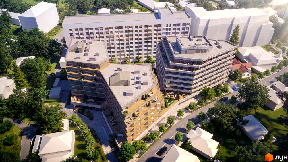 Два багатоповерхові будинки з терасами та балконами на вул. Миколи Лисенка, 4. Прибудинкова територія з зеленими насадженнями та доріжками.