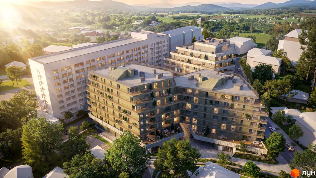 Зовнішній вигляд житлового комплексу на вул. Миколи Лисенка, 4, з багатоповерховими будинками та прибудинковою територією з деревами. Фото новобудови.