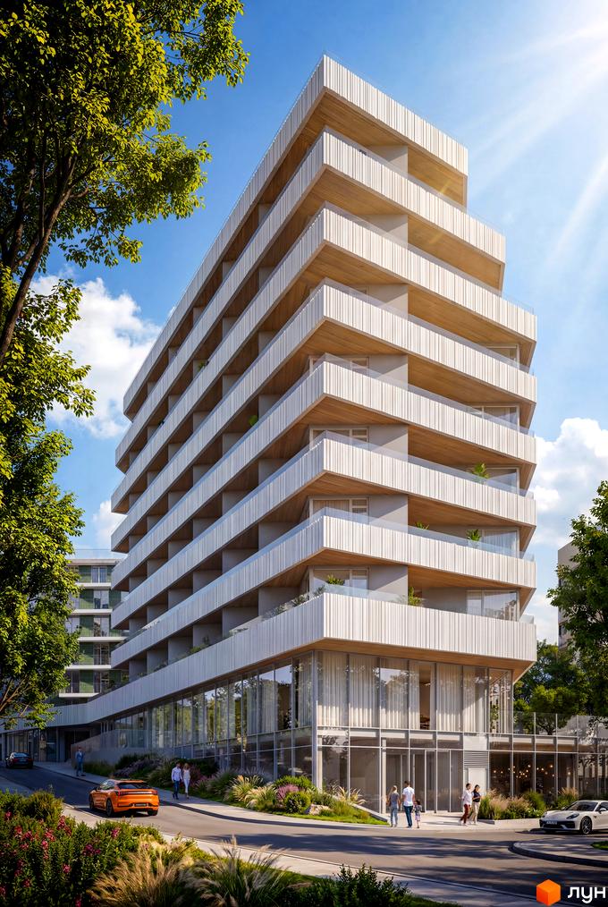 Новобудова на вул. Миколи Лисенка, 4 з багатоярусним фасадом, балконами та скляними вітринами. Прибудинкова територія озеленена.