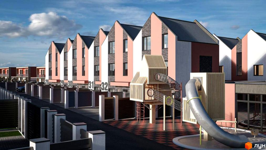 Котеджне містечко КМ Bucha Village: фасади будинків з рожевими та білими елементами, дитячий майданчик зі спуском та сіткою.