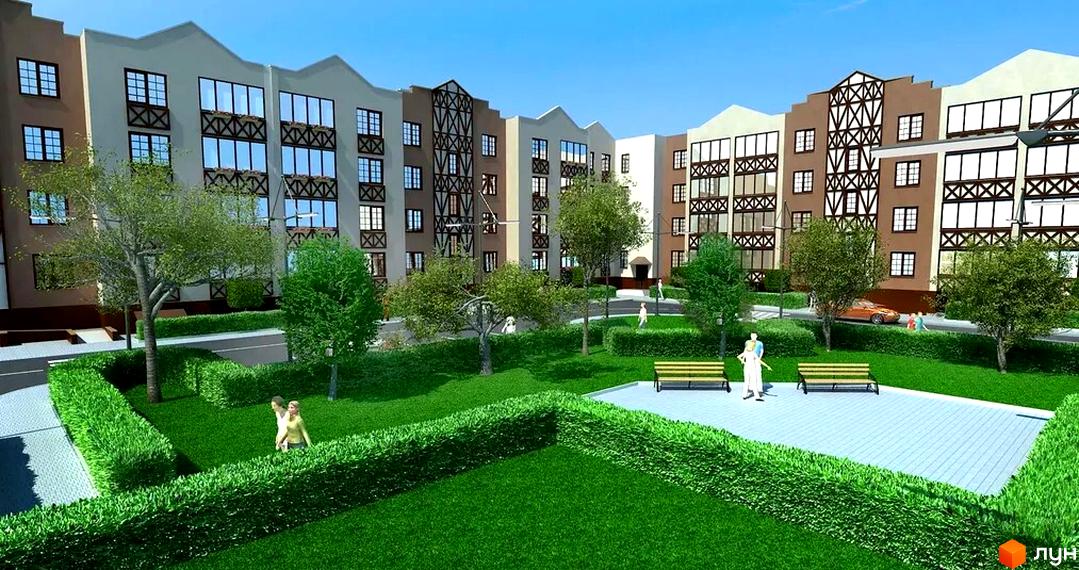 Зовнішній вигляд житлового комплексу Ковельська Голандія з елементами фахверку та прибудинковою територією з зеленими зонами та зонами відпочинку.