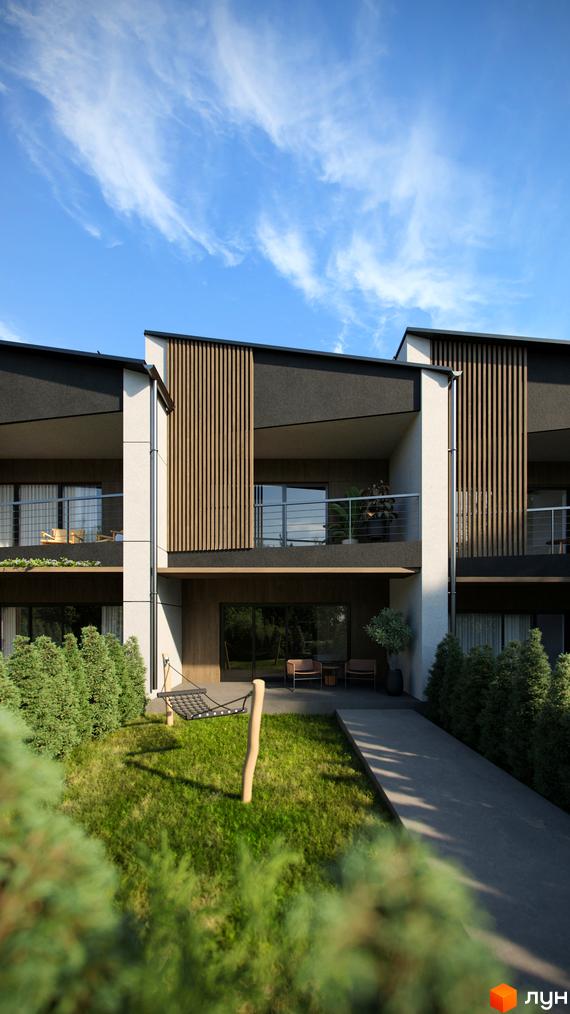 Зовнішній вигляд новобудови з дерев'яними елементами та балконами, зелена прибудинкова територія з гамаком.