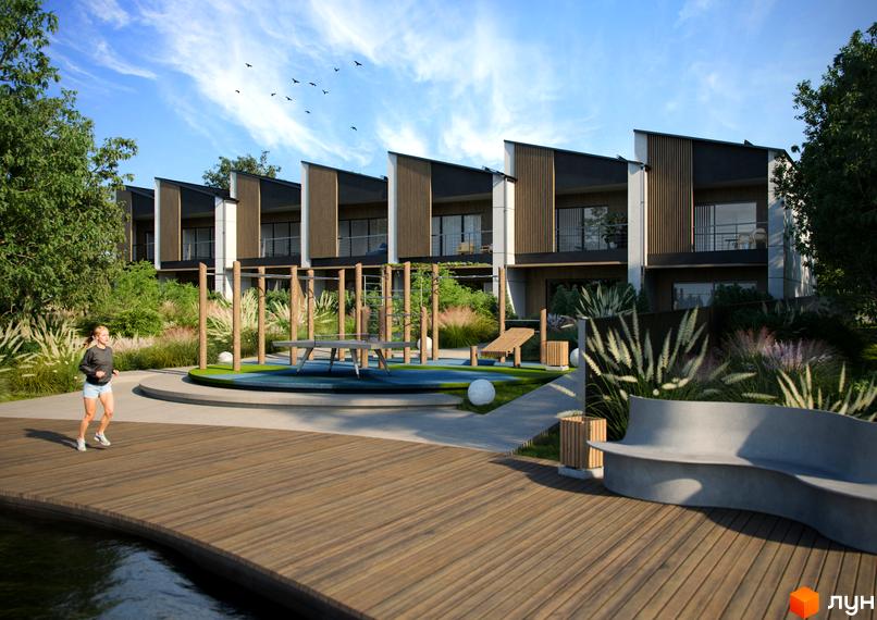 Зовнішній вигляд житлового комплексу по вул. Вітавська, 32, з сучасними фасадами та прибудинковою територією з місцями для відпочинку та спортивними зонами.