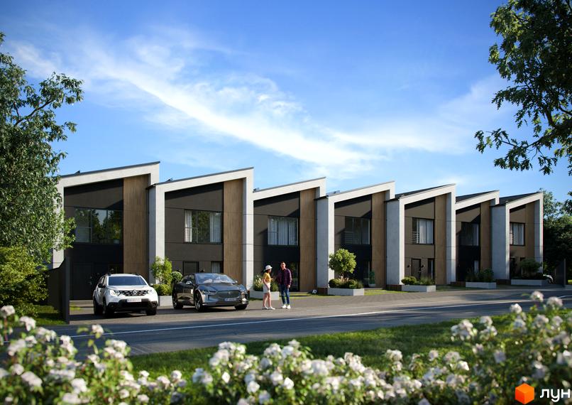 Житловий комплекс на вул. Вітавська, 32: ряд двоповерхових будинків з темними фасадами та похилими дахами. Прибудинкова територія з газонами та квітами.