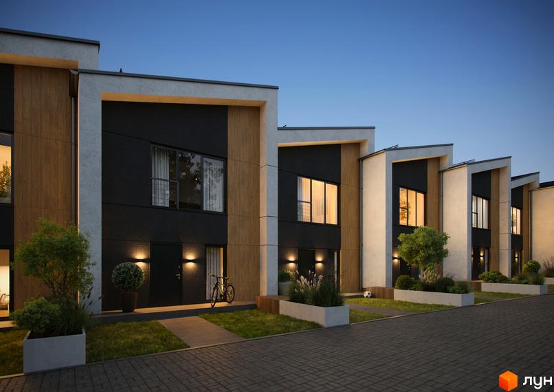 Сучасні таунхауси з дерев'яними та чорними фасадами, освітленням та доглянутою прибудинковою територією з газоном і рослинами.