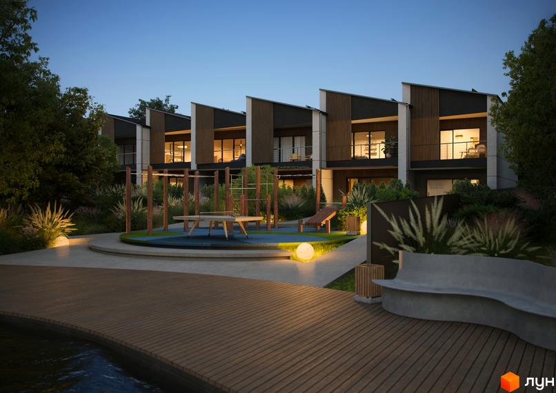 Новобудова з терасами та балконами, дитячий майданчик та зона відпочинку з лавкою біля водойми.