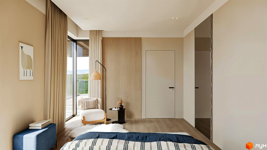 Світла спальня в Котеджному містечку MÓNTES invest & resort з великим вікном, дерев'яною підлогою та меблями: ліжко, крісло, пуф.