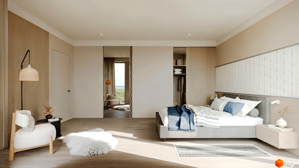 Простора спальня в Котеджному містечку MÓNTES invest & resort з ліжком, зоною відпочинку та вбудованою шафою.