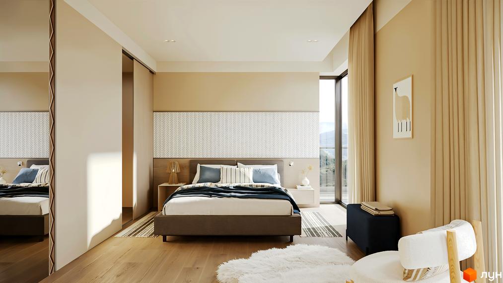 Інтер'єр спальні в житловому комплексі КМ MÓNTES invest & resort з великим вікном та видом на гори. Затишна атмосфера, сучасні меблі та природні кольори.