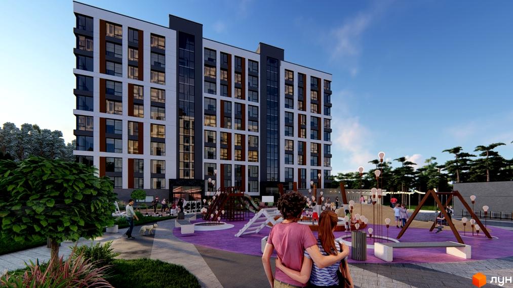 Житловий комплекс Свій: багатоповерховий будинок з білим та темно-сірим фасадом. Прибудинкова територія з ігровим майданчиком і зеленими насадженнями.