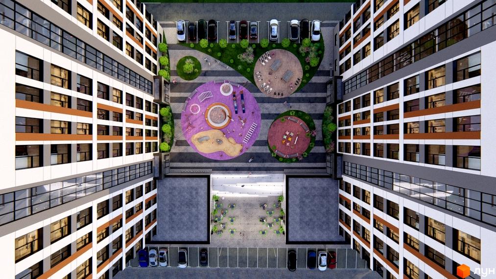 Житловий комплекс Свій: багатоповерхові будинки з біло-коричневими фасадами. У внутрішньому дворі облаштовані дитячі майданчики та зелені зони.