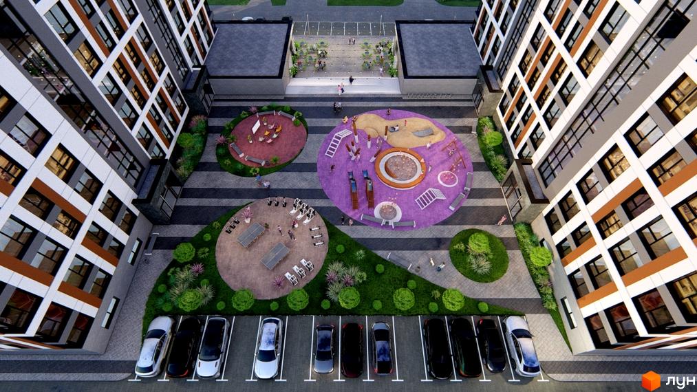 Житловий комплекс Свій з багатоповерховими будинками біло-сіро-коричневого кольору. У дворі розташовані дитячі майданчики, зона відпочинку та парковка.