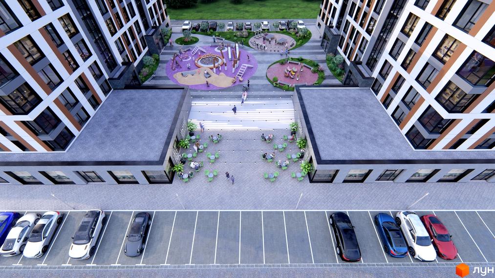 Житловий комплекс Свій: багатоповерхові будинки з геометричним фасадом у білих, коричневих та сірих тонах. Внутрішній двір має дитячі майданчики, терасу з кафе та парковку.