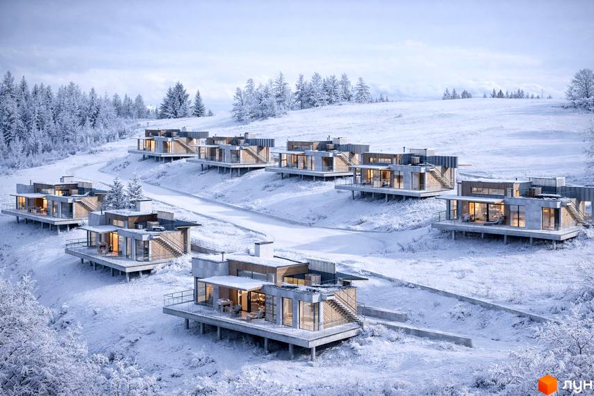 Котеджне містечко MÓNTES invest & resort: будинки з панорамними вікнами та бетонними елементами на засніженому схилі серед хвойних дерев.