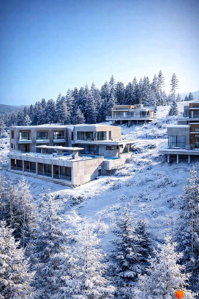 Котеджне містечко MÓNTES invest & resort з багатоповерховими будинками та великими вікнами, розташоване на засніженому схилі гори серед хвойних дерев.