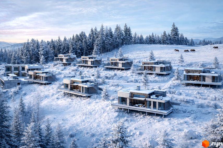 Котеджне містечко КМ MÓNTES invest & resort - сучасні будинки на схилі гори серед засніжених дерев. Навколо - зимовий пейзаж з лісом та пагорбами.