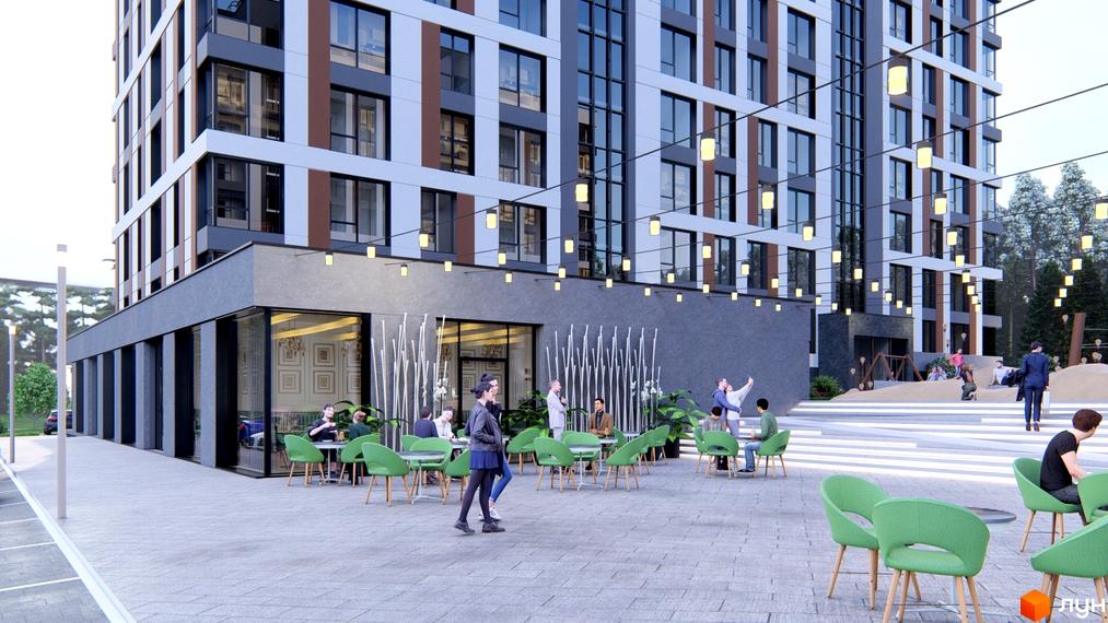 Фасад Житлового комплексу Свій з великими вікнами та контрастними панелями. На прибудинковій території розташоване літнє кафе з зеленими меблями та зона відпочинку.