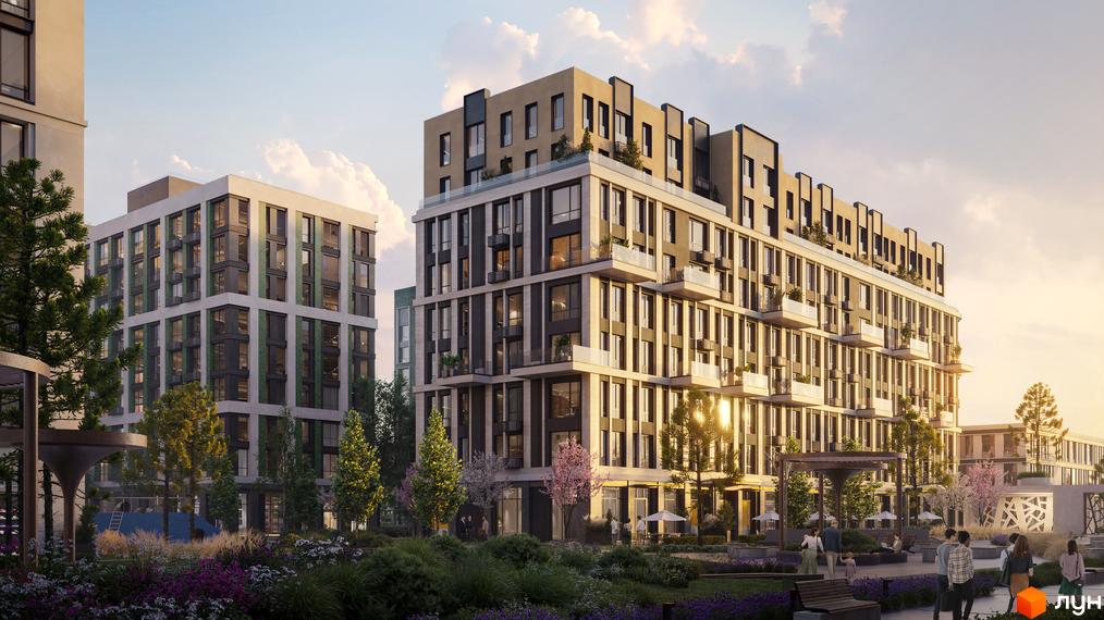 Житловий комплекс PARK ROYAL: фасади будівель з балконами та панорамними вікнами, зелена прибудинкова територія з квітами та деревами.