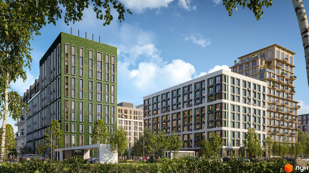 Житловий комплекс PARK ROYAL. Зовнішній вигляд будівель з зеленими та світлими фасадами, балконами та великими вікнами. Навколо зелені насадження та дерева.