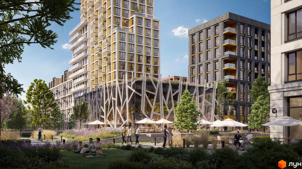 Житловий комплекс PARK ROYAL: високі будівлі з балконами та скляним фасадом, зелена прибудинкова територія з зонами відпочинку та квітами.